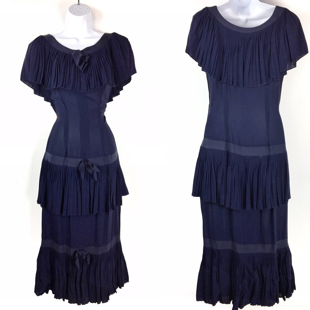 Vintage Navy Blue ruffled pleated layered day dress 30s 40s 50s Size XS